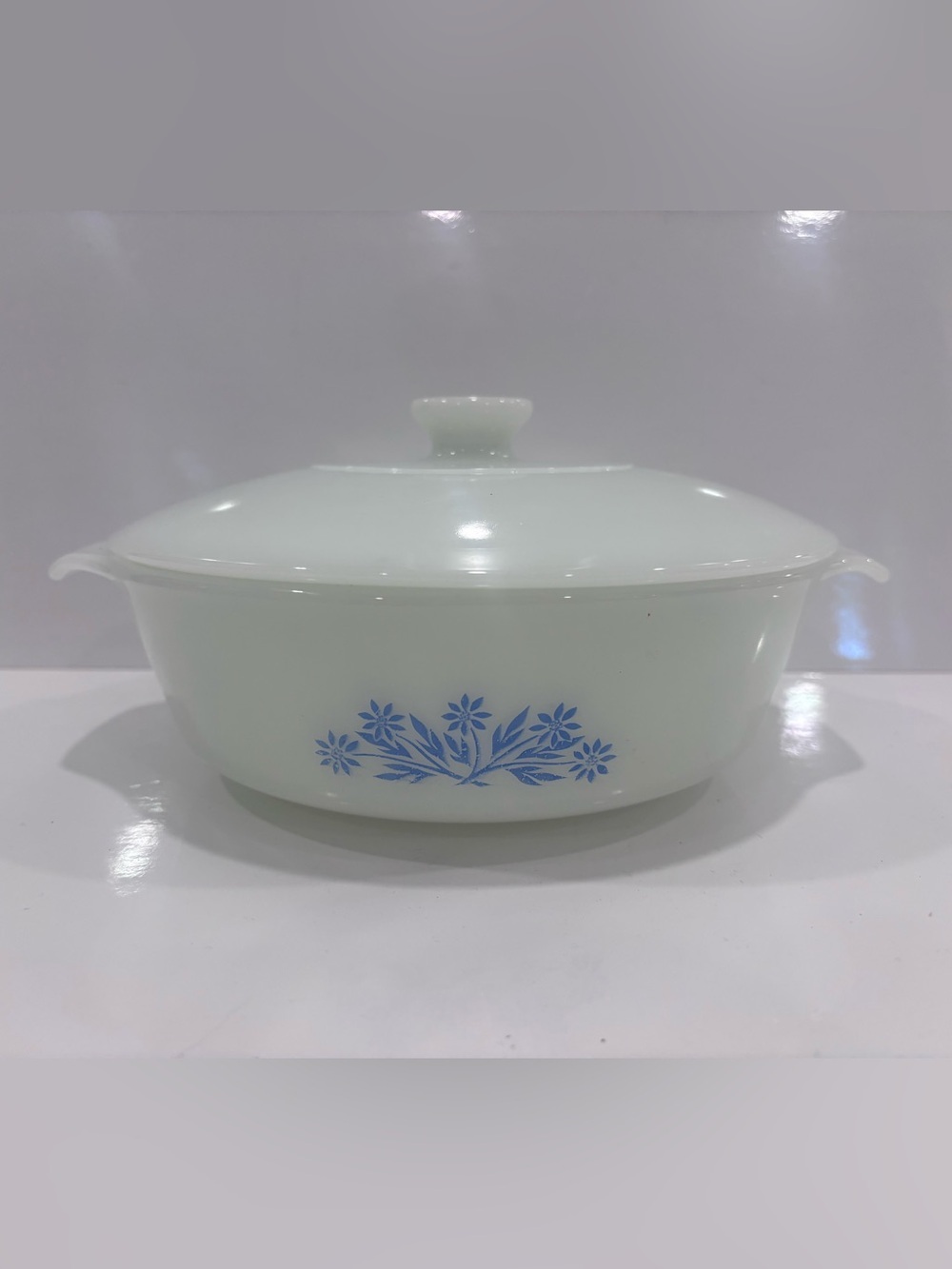 Fire-King Blue Cornflower Milk Glass Casserole Dish with Lid 1.5 Qt Vintage USA